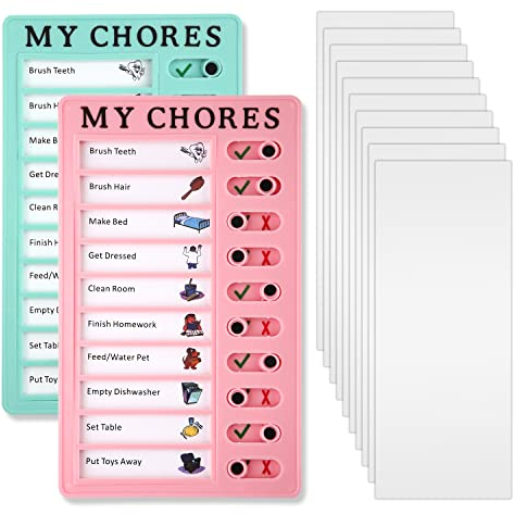 2pcs Tableau de Liste de Contrôle, Tableau Mémo en Plastique Amovible Plastique Tableau de Corvée avec Curseur avec 12pcs Papiers Cartonnés pour Adultes Enfants Maison Bureau (Rose; Vert)