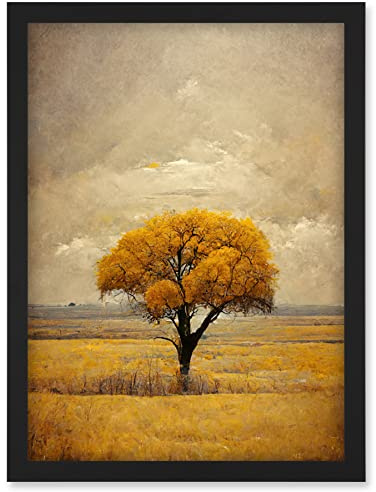 Doppelganger33 LTD Lone Tree Autumn Landscape Gold Yellow Mustard Artwork Framed Wall Art Print A4