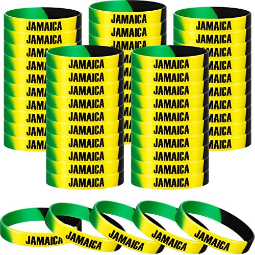 Leitee 50 Pcs Jamaican Silicone Bracelet Bulk Black Yellow Green Jamaican Country Flag Rubber Wristband for Men Women Birthday Party