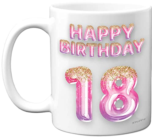 18th Birthday Gift for Women - Pink Purple Glitter Balloons - Happy Birthday Mug Present for 18 Year Old Daughter Sister Granddaughter Cousin Friend, 11oz Ceramic Dishwasher Safe Coffee Mugs Cup