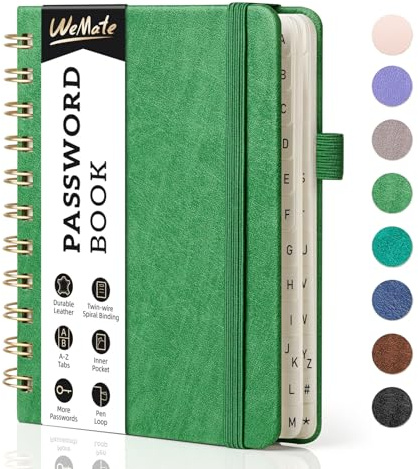 WEMATE Passwortbuch mit alphabetischen Registern, klein, 11,9 x 15,2 cm, Grasgrün