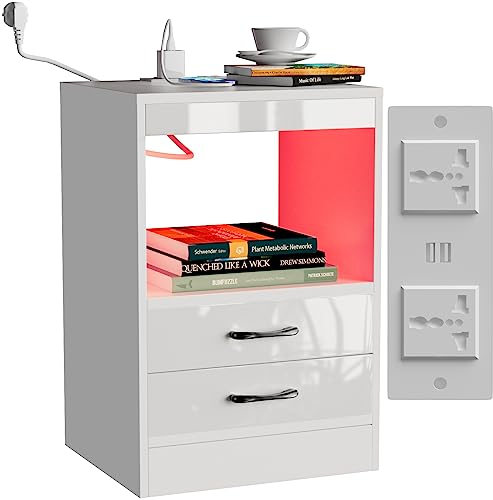 PIPIPOXER Nachttisch Weiß mit LED, Nachttisch mit Steckdose & USB, Nachtschrank mit 2 Schubladen Led 16 Farben, für Wohnzimmer, Schlafzimmer, Weiß, 40x35x60cm