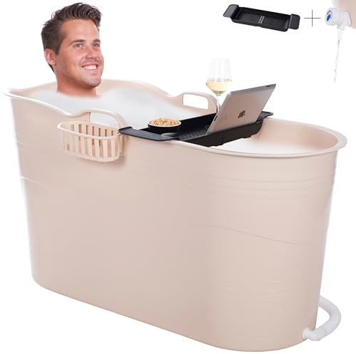 HelloBath® Seau Bain Pour Bain Glacé et Bain à Remous - XL 122x56x64cm - Baignoire Avec Tuyau Vidange et Bouchons Vidange - Piscine Autoportante Pour Adultes, Enfants Compagnie (Brazilian Sand)