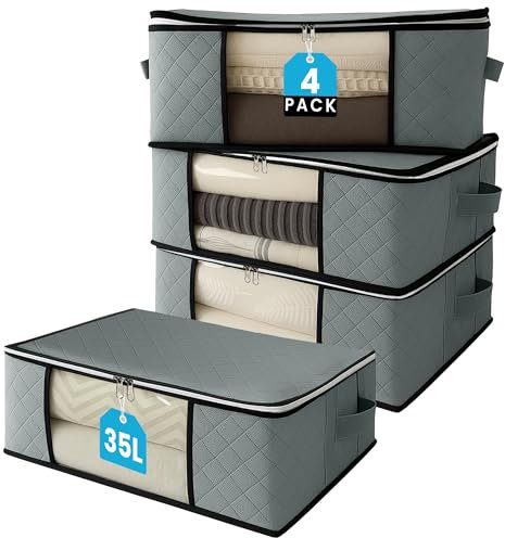 unycos - Cajas para Almacenaje de Ropa x 4【35L】 Bolsas Plegables con Ventana Transparente, Doble Cremallera y Asas Reforzadas, Organizador de Toallas, Edredones, Juguetes | Hasta 10 kg (Grey/Black)
