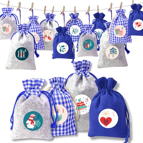 Adventskalender zum Befüllen, 24 Adventskalender Selber Befüllen Stoffsäckchen, Weihnachtskalender zum Befüllen Groß, Adventskalender zum Befüllen Stoff für Kinder 2024 (Blau)
