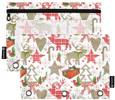 Merry Christmas Rentier and Gift 3 Ring Binders Pencil Case 2 pcs File Folders for Office Examination Zipper Stationery Bag