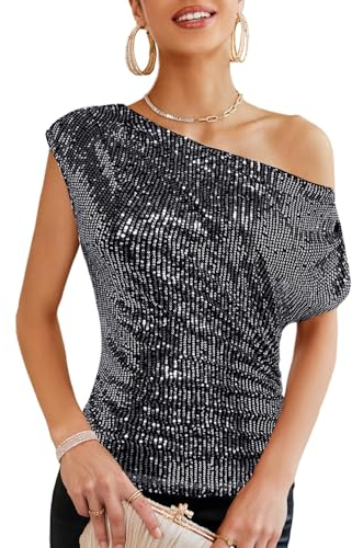 GRACE KARIN Glitter Pailletten Oberteil Elegant Party Tops Schrägerkragen Cocktail Bluse Schwarz-Silber L