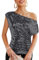 GRACE KARIN Glitter Pailletten Oberteil Elegant Party Tops Schrägerkragen Cocktail Bluse Schwarz-Silber L