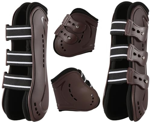 Frdhee Gamaschen & Streichkappen, 4er Set Gamaschen Pferd mit Schlagschutz Pferde-Sportstiefel Neopren Pferdesehne Bandage Reitausrüstung für Springen, Reiten, Events, Dressur, M, Braun