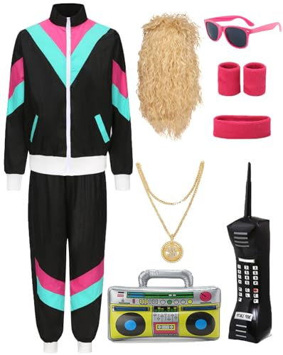 80er 90er Jahre Outfit Herren Damen Kostüm Jogginganzug Trainingsanzug Jacke und Hose Retro Anzug mit Accessoires Radio Sonnenbrille Halskette Schweißband für Karneval Fasching Mottoparty VL032L