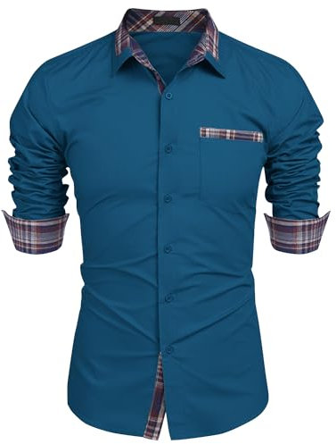 Misfuso Chemise Homme à Carreaux Manche Longue avec Poche Poitrine,Chemise décontractée Casual Nouveau Bleu Foncé L