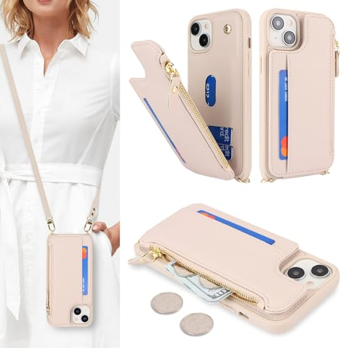 SailorTech Handyhülle für iPhone 14 Etui mit Kartenfach, iPhone 14 Hülle mit Verstellbarer Halskette, iPhone 14 Handytasche mit Reißverschluss Geldbörse - Aprikose