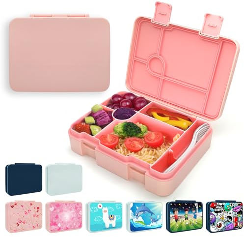 XJIANFU Brotdose mit Fächern,1300ml Auslaufsichere Bento-Box, Kinder-Lunchbox,Auslaufsicher Mit 5 Fächern,Jausenbox Brotbox für,Mädchen & Jungen,Mikrowelle/spülmaschinenfest (Rosa)