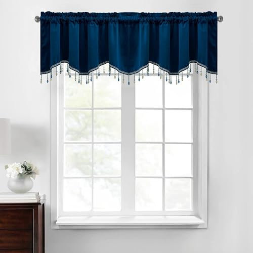 BESTORI Blackout Rod Pocket Valance Curtains With Bead Trim Tassel - Room Darkening for Kitchen, Navy Blue, 175 x 50 cm
