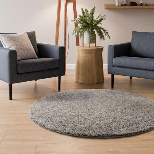 Interiyou Hochflor Teppich Sofia - 120x120 cm Rund Hellgrau - flauschig und einfarbig - waschbar und rutschfest - weicher Langflor