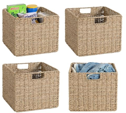 4er-Set Kallax Expedit Regal Korb/Kallax Korb Geflochten / 30 x 30 x 25 H cm/Seegras Regalkorb/Faltkorb Flechtkorb/Regalbox Storage Box/Aufbewahrungskorb Regalkorb Faltbar