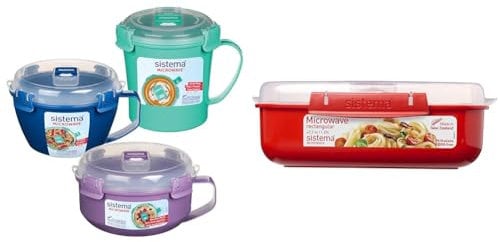 Sistema 3 Pack Soup, Porridge & Noodle Bowl to Go, Assorted Colours & Rectangle Microwave Container | 1.25 L | BPA-Free | Red/Clear