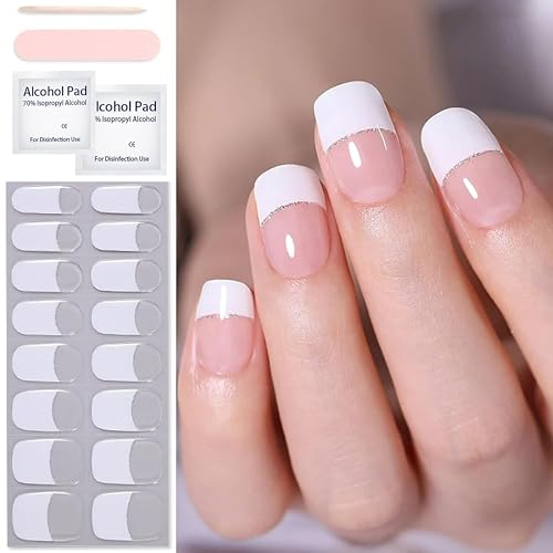MrCuvaryas UV Gel Nagelfolie selbstklebend, Nagelsticker Nagelkunst Sticker Nagellack Aufkleber Nail art Selbstklebend, Maniküre Sticker Schöne Mode DIY (White French, M-16pcs)