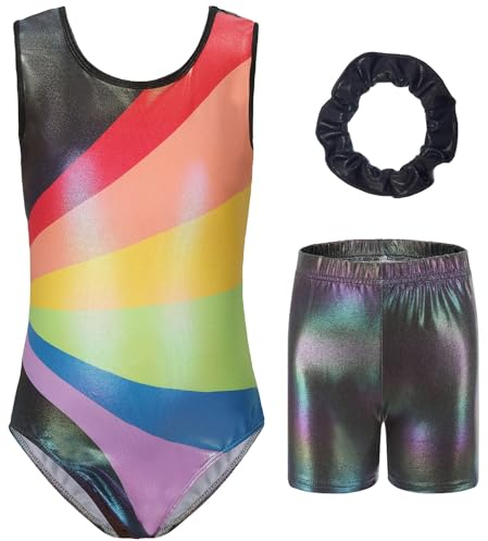 AIEOE Leotard Mädchen Ärmellos Gymnastikanzug mit Hose Glänzende Turnanzug Trikot Akrobatik Anzug Gymnastik Kleidung Set mit Haarband Tanzkostüme 11-12 Jahre Schwarz
