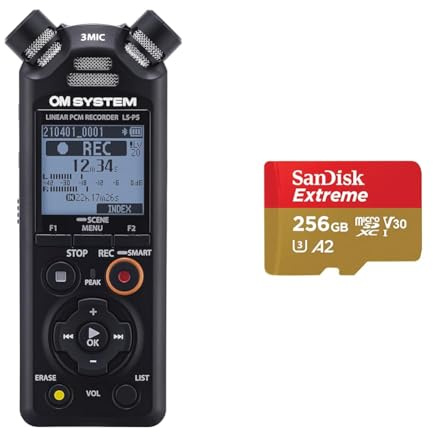 OM SYSTEM LS-P5 Hi-Res Audiorekorder mit TRESMIC II 3-Mikrofonsystem & SanDisk Extreme microSDXC UHS-I Speicherkarte 256 GB + Adapter