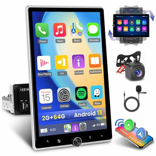 Ohradio 2G+64G Android 15 Radio Coche 1 DIN CarPlay Inalámbrico con Pantalla Giratoria de 10,4, Autoradio Bluetooth RDS FM, WiFi GPS Android Auto Inalámbrico SWC USB+Cámara Trasera+Mic