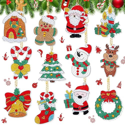 12 Stk Diamond Painting Weihnachten Anhänger,5D DIY Diamant Malerei Schlüsselanhänger Weihnachten Strass Malerei Stickerei Kunst Ornamente für Kinder Erwachsene Machen Weihnachten Schlüsselanhänger