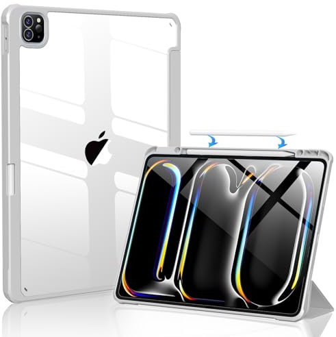 SZPCGC Hülle für iPad Pro 11 Zoll M4 2024 (5. Generation) mit Stifthalter, Klar Transparent Rückenschale Dünn Ständer Stoßfest Tablet Abdeckung, Auto Wachen/Schlafen (Grau)