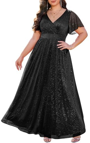 Talisea Formelle Kleider in Übergröße – V-Ausschnitt, Flatterärmel, Glitzer, Abschlussball, Abendkleid, Hochzeitsgäste, Chiffon, langes Maxikleid, Schwarz Glitzer, 50 Mehr