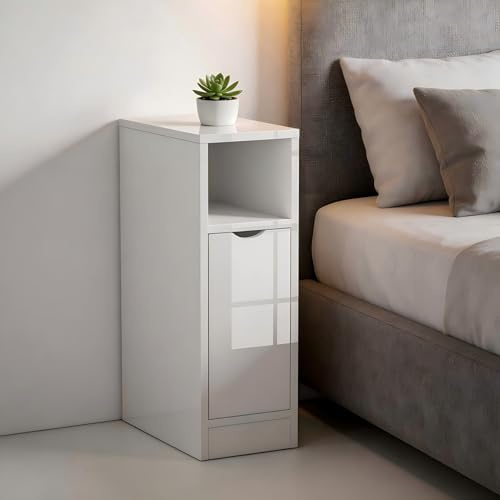 Homullel 20cm Narrow Bedside Cabinet Small Slim Bedside Table Small Nightstand Bed Side Table for Bedroom Living Room (Door Cabinet, High Gloss White)