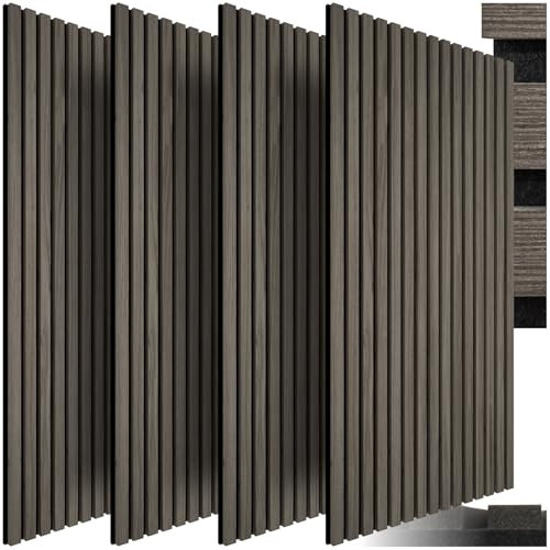 tectake® Set of 4 Acoustic Wall Panels in MDF & Elegant Real Wood Veneer, Sound-Absorbing Acoustic Panels with Felt Fabric & Wood Slats, Adjustable Size & Easy Installation - Grey Oak