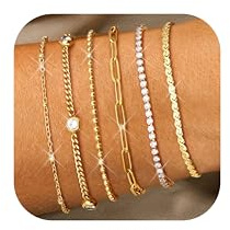 Diamday 6Pcs Armband Damen 14K vergoldet Armband Set Edelstahl Armbänder Stack einstellbar Perlen CZ Büroklammer Tennis Link Kette Armreif Wasserdicht Damen Armbänder für Frauen