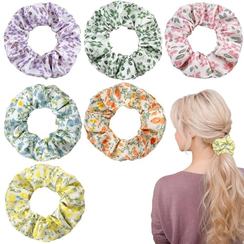 LUFFLOK 6 Stück Blumen Haargummis Scrunchies Colorfull Haargummi Scrunchies | Weiche Seile Pferdeschwanzhalter Frauen Haarschmuck für Damen und Mädchen Elastische Dicke Satin Bänder (6 Stück)