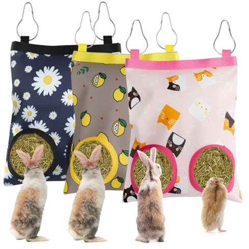 Heusack für Kaninchen 3er Set – Hängender Heutasche für Meerschweinchen, Chinchillas, Hamster, 24x19cm, Mit 2 Löchern, Wasserdicht, Robust und Langlebig für Kleintiere