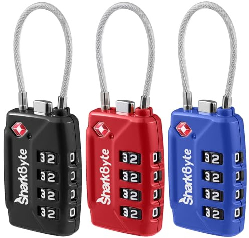 SharkByte TSA Approved Luggage Locks - 4-Digit Combo, (3 Pack) Flexible Wire Cable for Suitcases & Bags (10,000 Combinations)