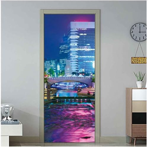 Adesivi per Porte Interne 3D New York Adesivo Porta Autoadesivo Architettura Urbana Pellicola Adesiva Poster Sticker Murale Parete per Camera da Letto, Soggiorno, 80x200 cm M-O571