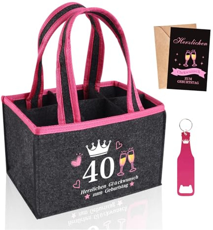 Originelle Geschenke 40 Geburtstag Bier Frau,Flaschentasche mit Flaschenöffne und Karte,für 6 Bierflaschen,Wein,Wiederverwendbare Handtasche,Happy Birthday für Frau,Freundin,Schwester, Bierträger (40)