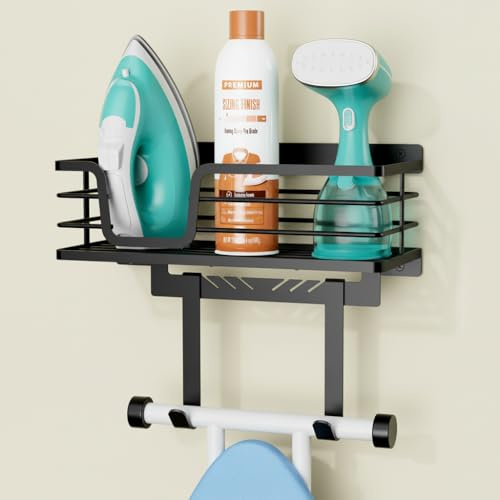KES Ironing Board Hanger Wall Mount with 40kg High-Capacity, 3X Heavy Duty Ironing Board Holder with T&V Shaped Hooks, Extra Large Storage Basket, No Breaking Sturdy Screws Included, Black, HIR502-BK