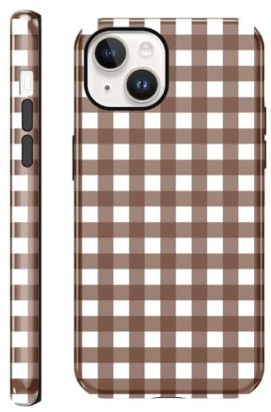 Coalbooliy Handyhülle für iPhone 14/iPhone 13 hülle 6,1'', Aesthetic Plaid Gingham Frauen Mädchen Muster 2 in 1 Case Silikon Schutzhülle Print Design Bumper Kratzfest Cover, Braun