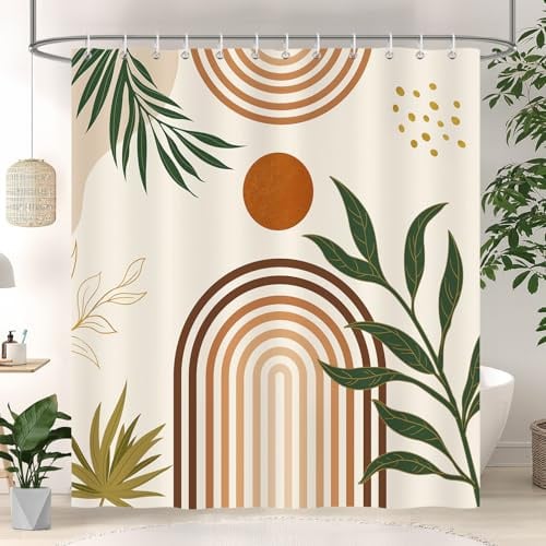 COZZSNUGE Rideau de Douche Boho Milieu du Siècle, Rideau de Baignoire Olive Feuille Abstrait Arc Moderne 180 x 180 cm Polyester Imperméable Résistant à la Moisissure 12 Crochets