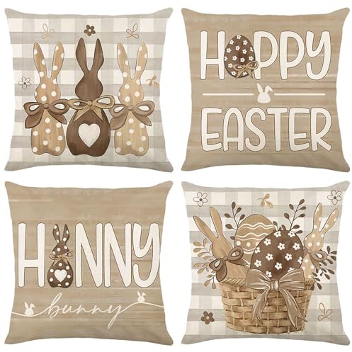 Artscope 4er Set Happy Easter Ostern Kissenbezüge 40x40cm Hase und Eier Zierkissenbezug Wohnkultur Dekokissen Kissenhülle Sofakissen für Sofa (Braun)