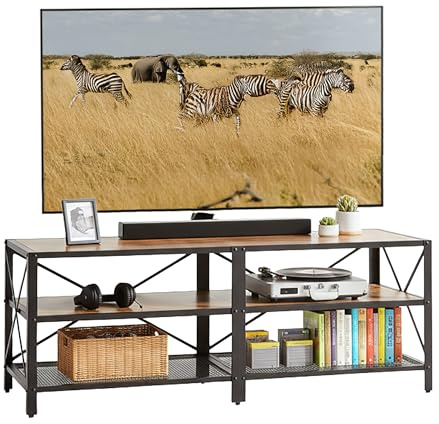 Relaxdays TV-Lowboard, 4 Fächer, offenes TV-Regal bis 75 Zoll, Industrial Style, Fernsehtisch, Größenwahl, braun/schwarz