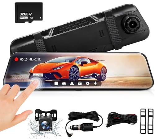 4K Spiegel Dashcam mit Rückfahrkamera, 10'' FHD IPS Touchscreen Dual Dash Cam Spiegel, 1080P Dual Dashcam 170° Weitwinkel mit Rückfahrkamera Super Nachtsicht 24h Parkmodus 32GB Karte.