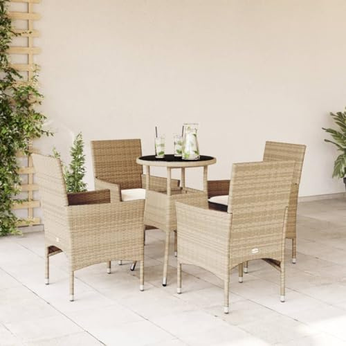 Owoxanthellate 5-Teiliges Gartenmöbel Set Beige 60x75cm runder Tisch Polyrattan wetterfest mit Glasplatte und gepolsterten Kissen für Balkon Terrasse und kleine Outdoor-Sitzecke