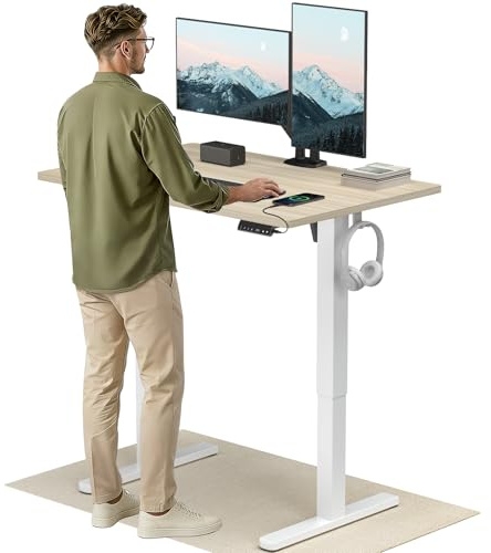 HUANUO Höhenverstellbarer Schreibtisch 140x80cm USB-C&USB-A Ladeanschl | Höhe 72-118cm, 4 Speicherstufen, Der Desktop wird breiter,Kabelmanagement, Haken