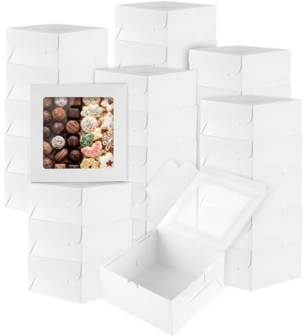 JIAYUET 30 Stück Weiße Keks-Boxen, Gebäckkarton mit Sichtfenster, Keksschachtel 20x20x10 cm, Wiederverwendbare Bäckerei Box für Kekse und Pralinen