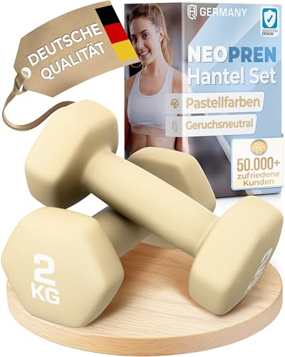 HQ Germany® Hanteln Set [Geruchsfreie Pastellfarben] - 0,5-10kg | Neoprenbeschichtet, schont Böden & Möbel, angenehm griffig, große Gewichtszahlen, REACH-geprüft, für Pilates & Reha
