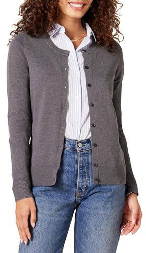 Amazon Essentials Cardigan Girocollo Leggero (Taglie Forti Disponibili) Donna, Carbone Puntinato, S