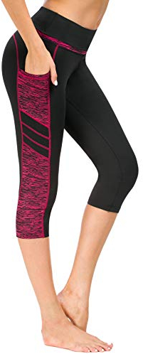 Flatik Damen Netzoberfläche Sport Gym Yoga Laufen Fitness Leggings Hose, Schwarz Rot(3/4 Capri), XXL