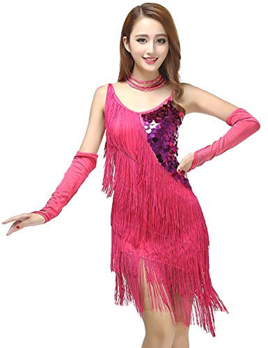 Grouptap Frangia Latina Blu Nappa Paillettes Ballo Gonna Gonna Concorso di Usura per Le Donne Salsa Tango Samba cha cha Rumba (Rosa, EU 34-40 vestibilità Elastica)
