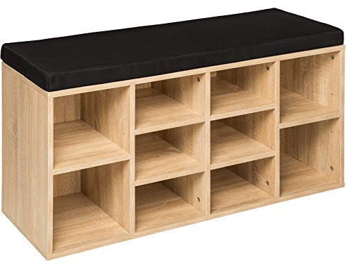 TecTake® Zapatero Madera con cojín extraíble, estanteria Zapatero Ajustable, Mueble Zapatero Entrada recibidor, Organizador Zapatos, Banco Madera para Guardar Zapatos - Negro/Roble Claro